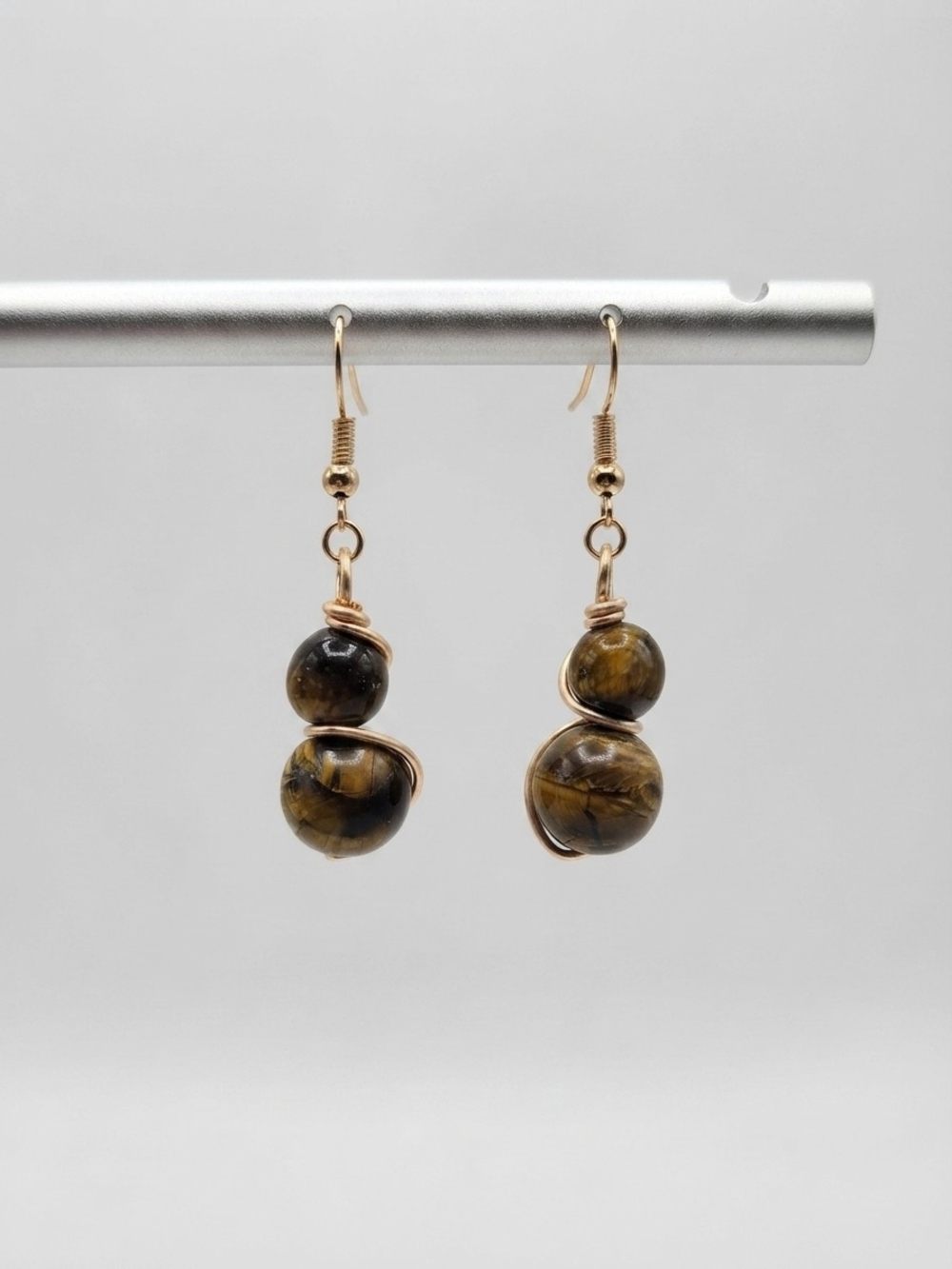 Handmade Tiger's Eye Wire Wrapped Drop Earrings  (0262)